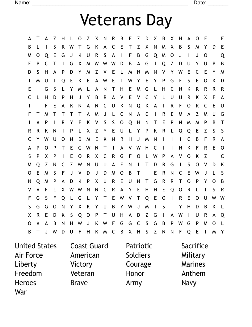 Veterans Day Word Search - Wordmint for Veterans Day Word Search Free Printable