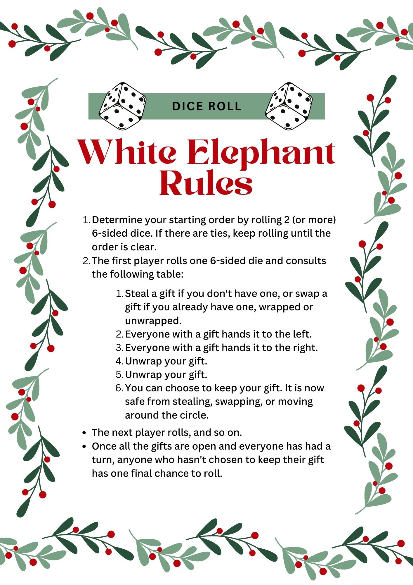 White Elephant Rules For Gift-Giving Fun [Printables] - Fun Blog with White Elephant Rules With Dice Printable