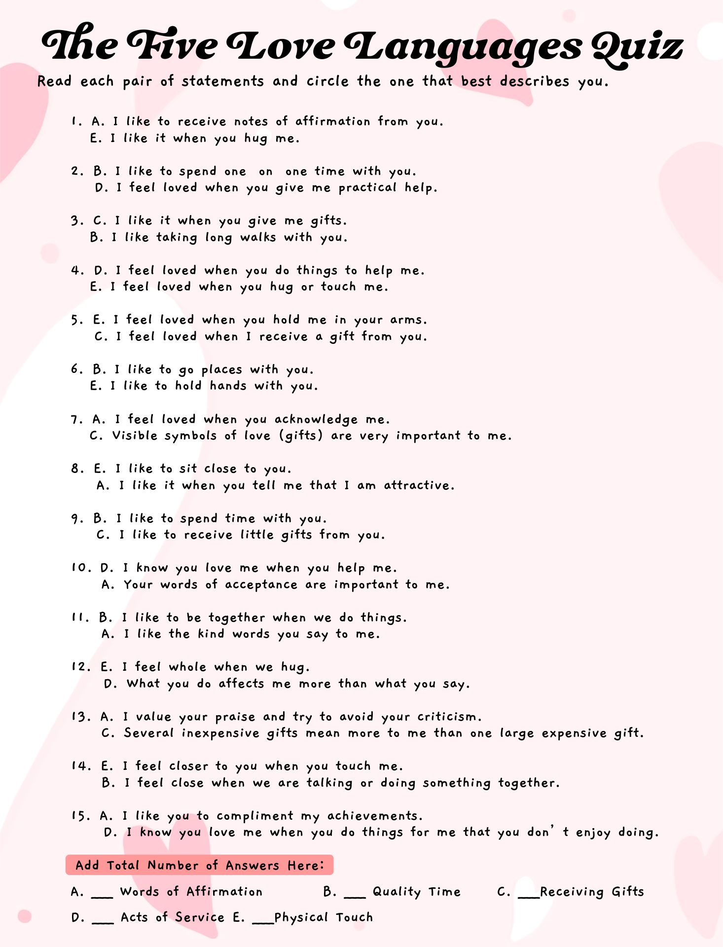 Worksheets 5 Love Languages - 12 Free Pdf Printables | Printablee throughout Five Love Language Quiz Printable