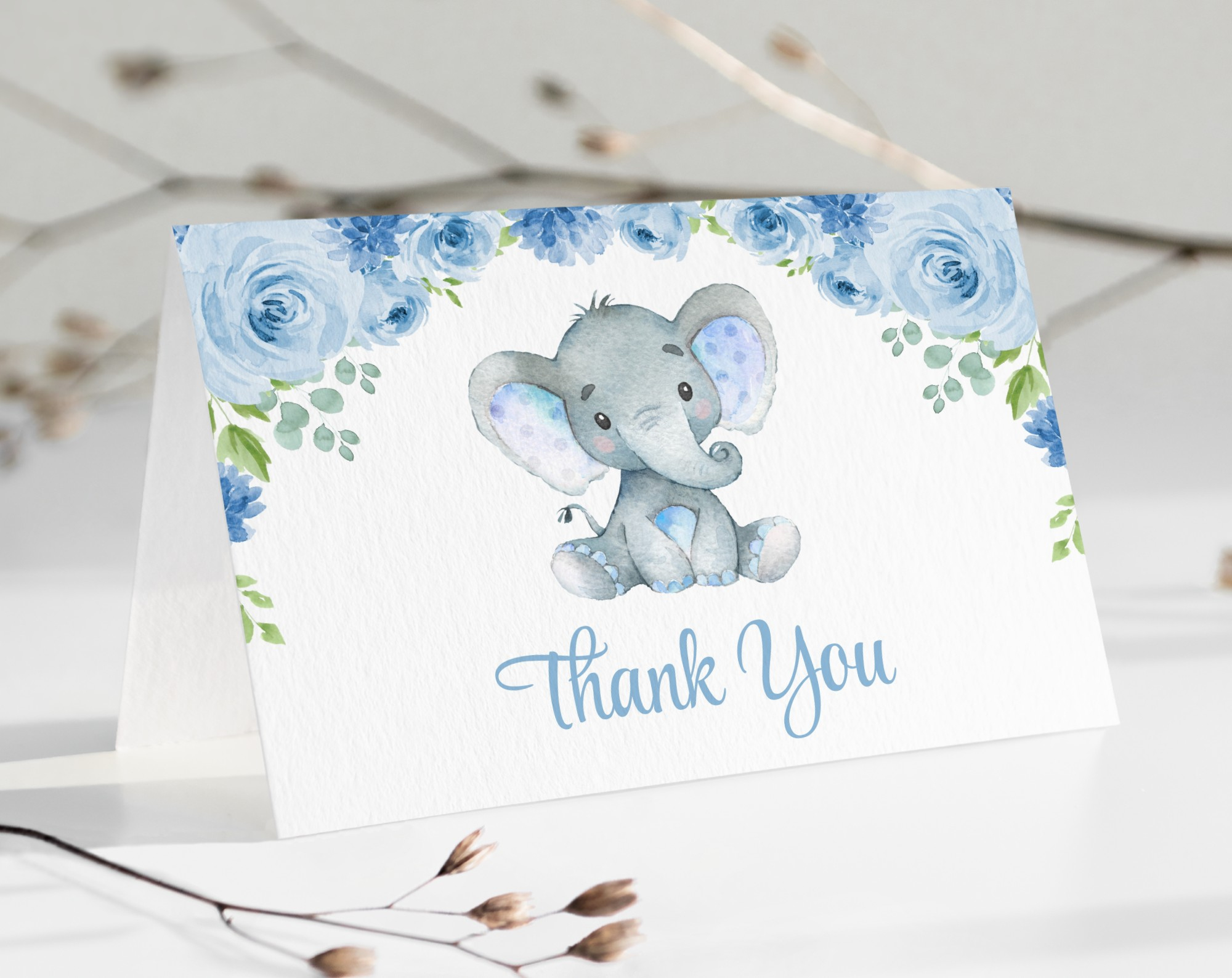Baby Elephant Thank You Card, Boy Baby Shower, Printable File, Edit  Yourself, Sh08 within Baby Boy Shower Thank You Cards Printable