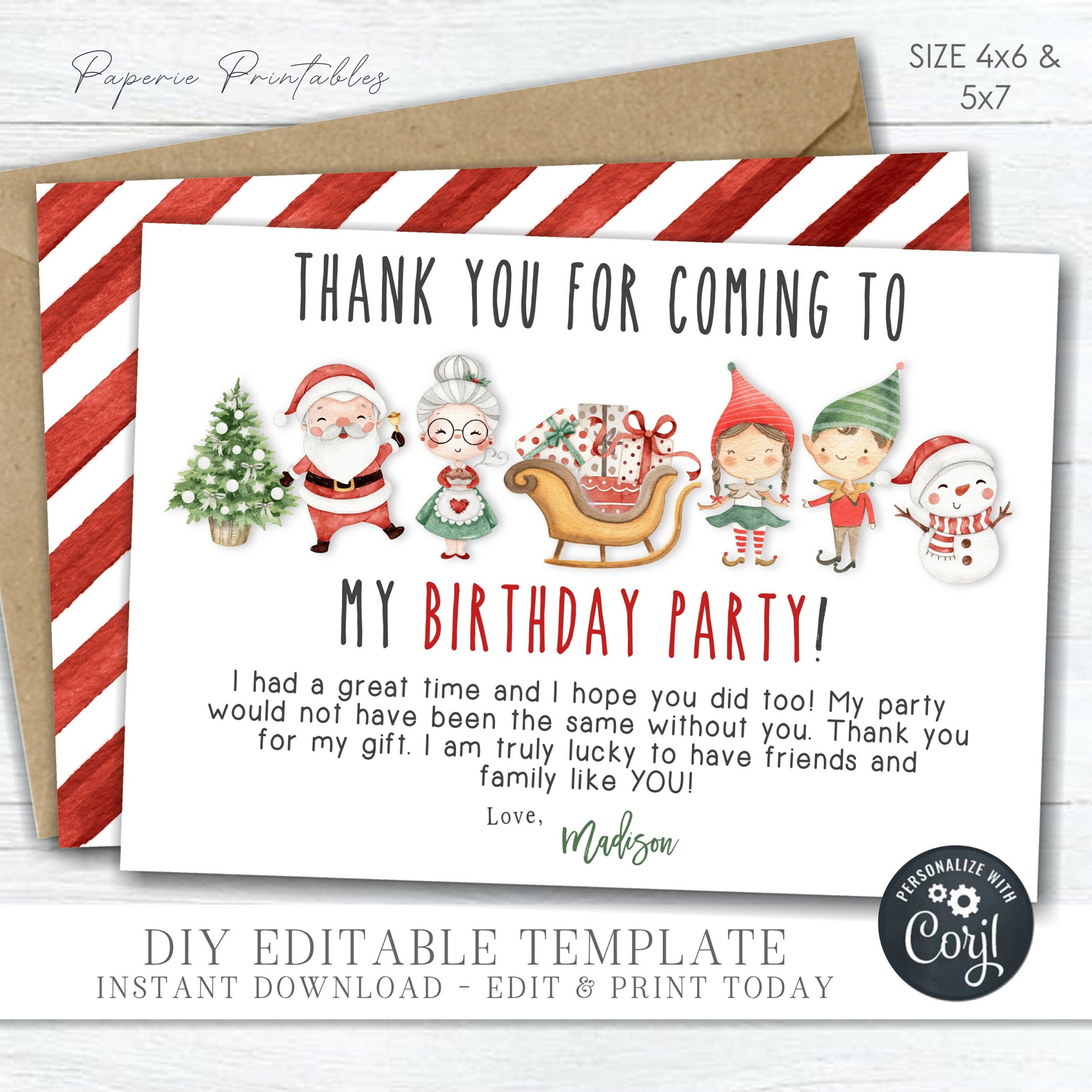 Christmas Birthday Thank You Card: Editable Diy Template (4X6 for Christmas Thank You Cards Printable