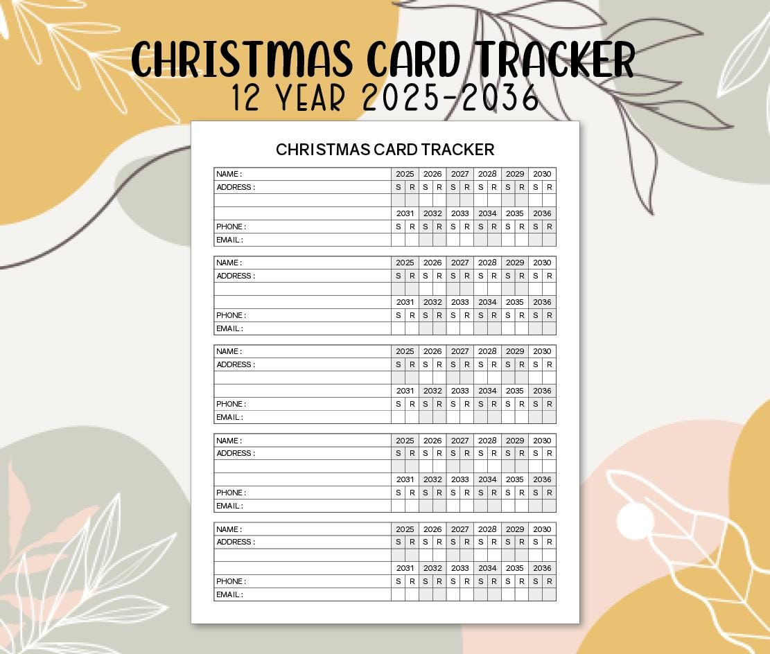 Christmas Card Tracker 2025-2036 Printable 12 Year Template Pdf with Printable Christmas Card List 2025