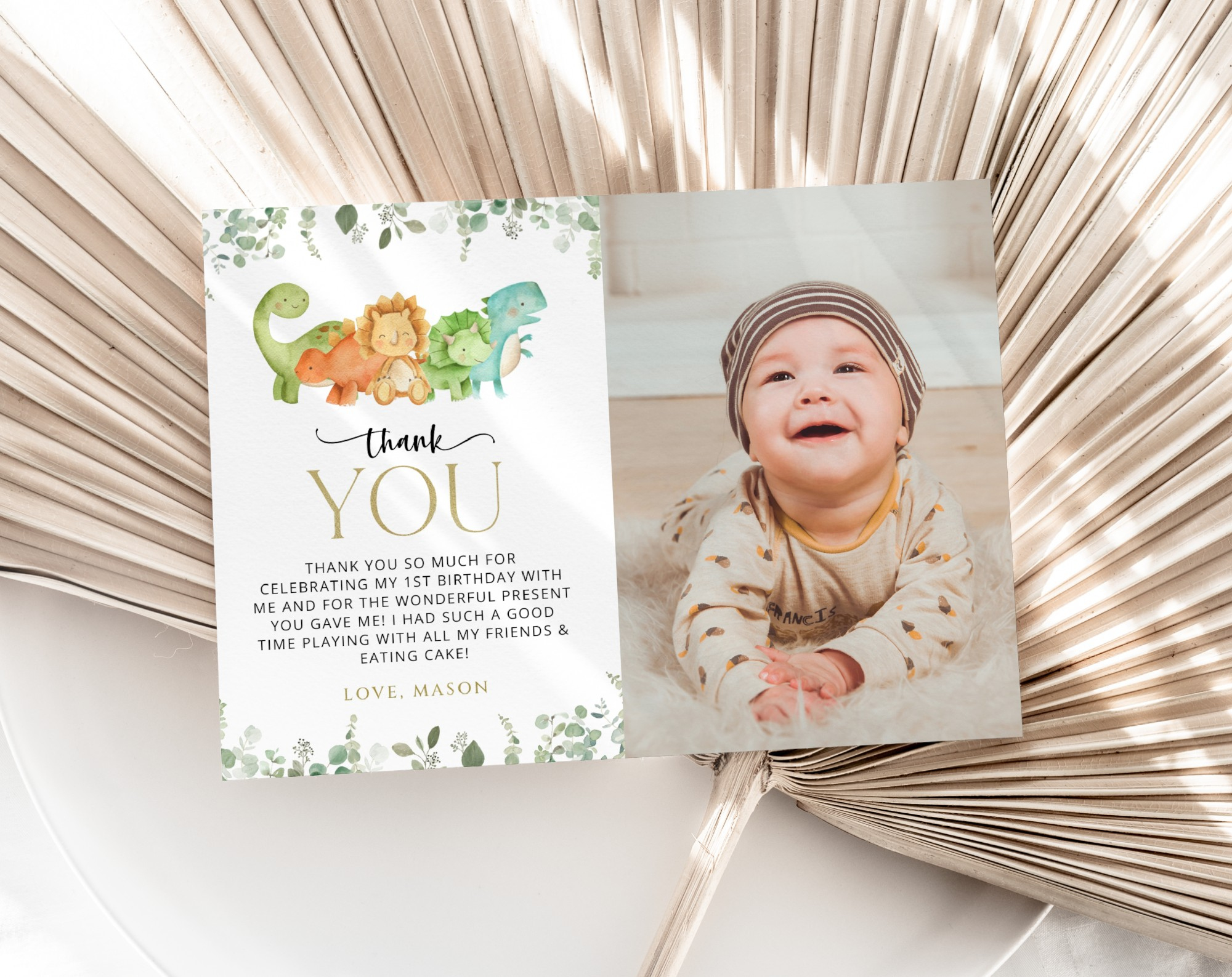Cute Dinosaurs Thank You Card, First Birthday, Boy Birthday, Printable File, Edit Yourself, Sh25 inside First Birthday Thank You Cards Printable