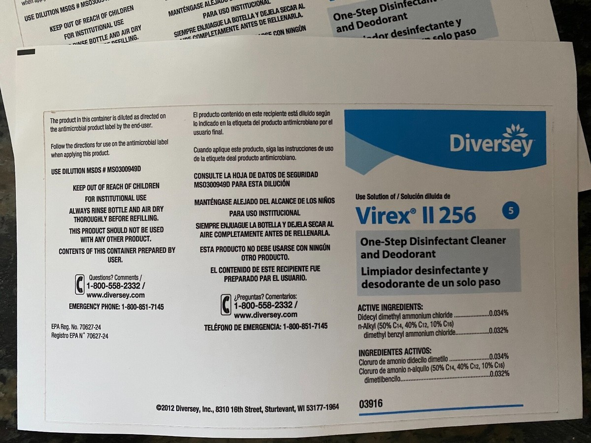 Diversey Virex Ii 256 Bottle Labels 2 Pack Labels Only | Ebay in Virex Ii 256 Printable Label