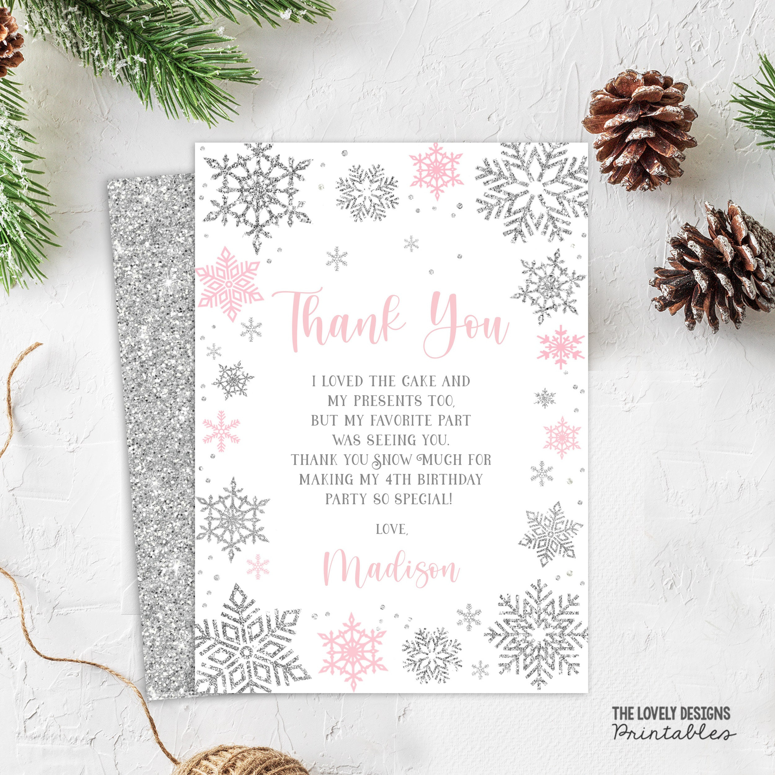Editable Winter Thank You Card Winter Birthday Party Snowflakes in Winter Thank You Cards Printable