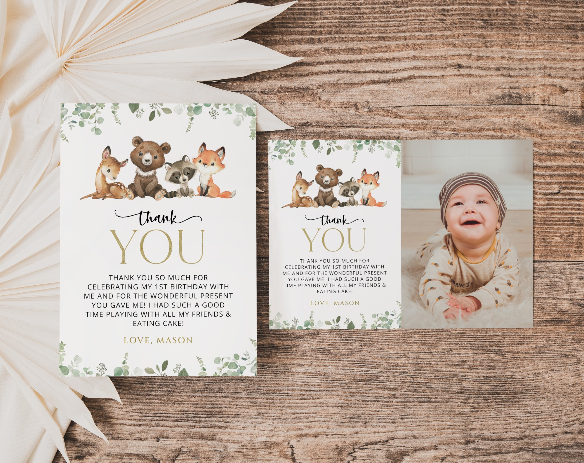 Forest Animals Thank You Card, First Birthday, Printable File, Edit Yourself, Sh28 inside First Birthday Thank You Cards Printable