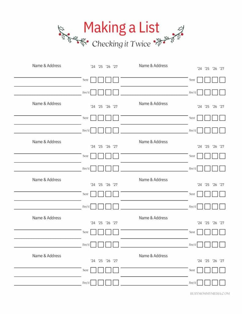 Free Printable Christmas Card Address List throughout Printable Christmas Card Address List