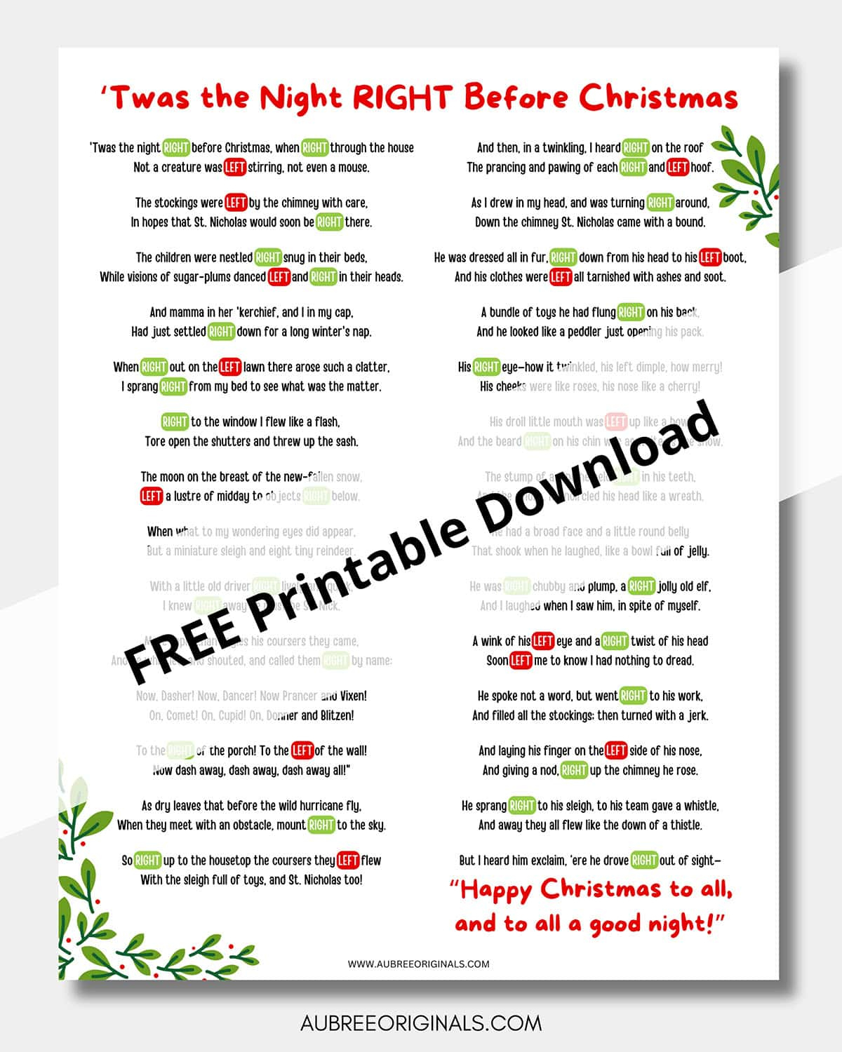 Free Printable Right Left Christmas Game Story - Aubree Originals in Twas The Night Before Christmas Left Right Game Free Printable