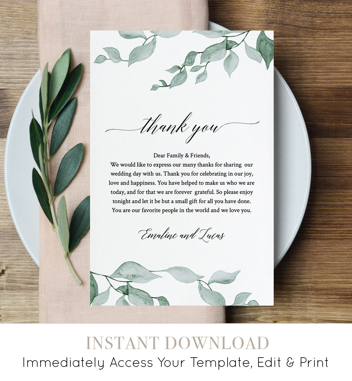 Greenery Wedding Thank You Card, Printable In Lieu Of Favor Card for Wedding Party Thank You Cards Printable