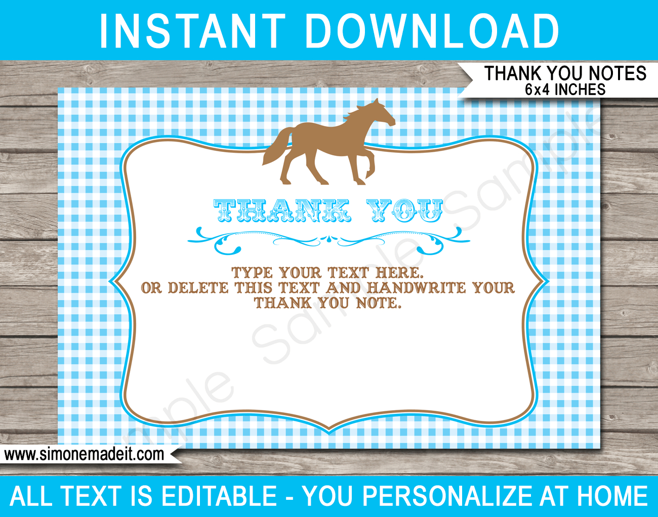 Horse Party Thank You Cards Template - Blue with Horse Thank You Cards Printable