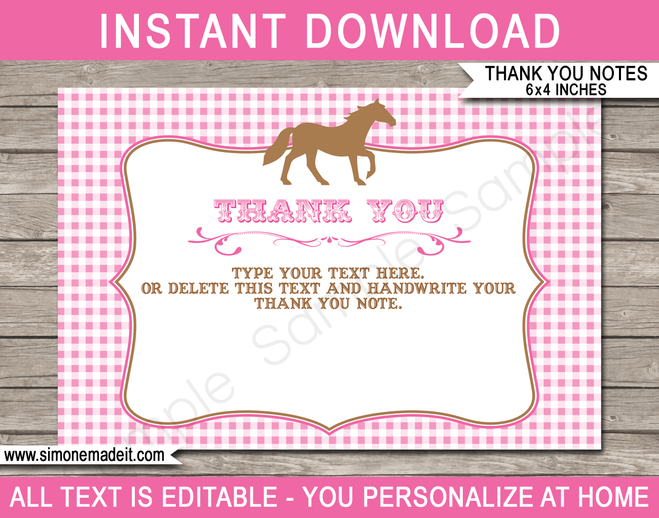 Horse Party Thank You Cards Template - Pink pertaining to Horse Thank You Cards Printable
