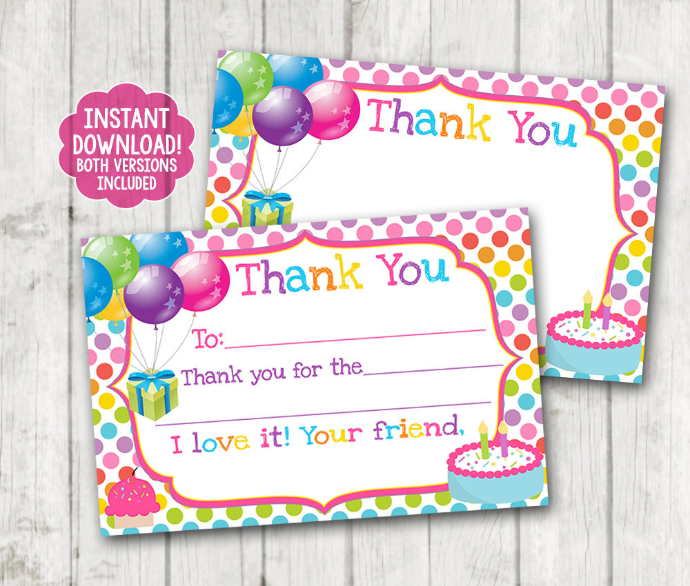 Instant Download Printable Birthday Thank You Cards, Balloons with Printable Free Thank You Cards For Birthday