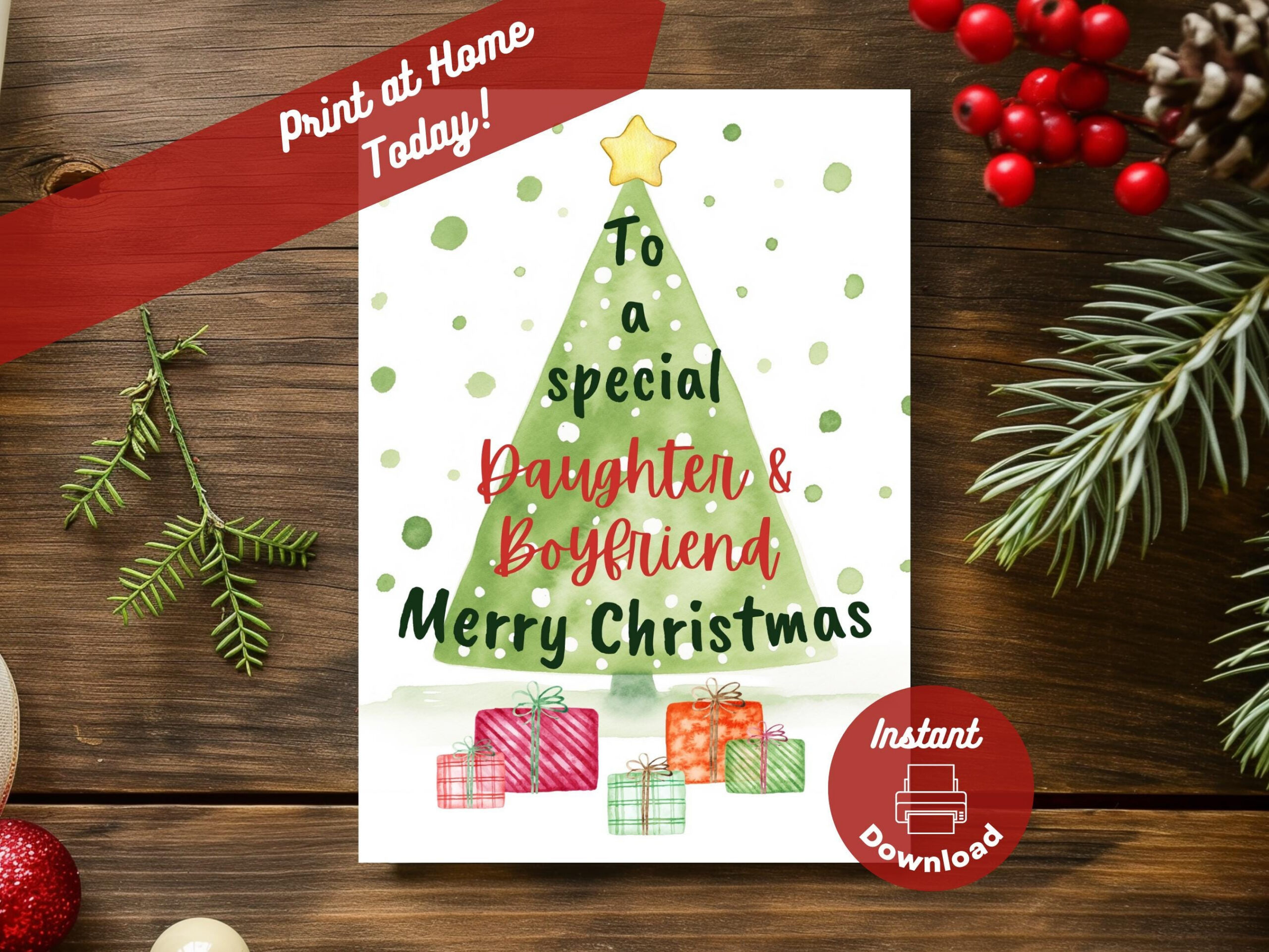 Printable Christmas Card For Daughter + Boyfriend, Instant Digital regarding Printable Christmas Card For Daughter