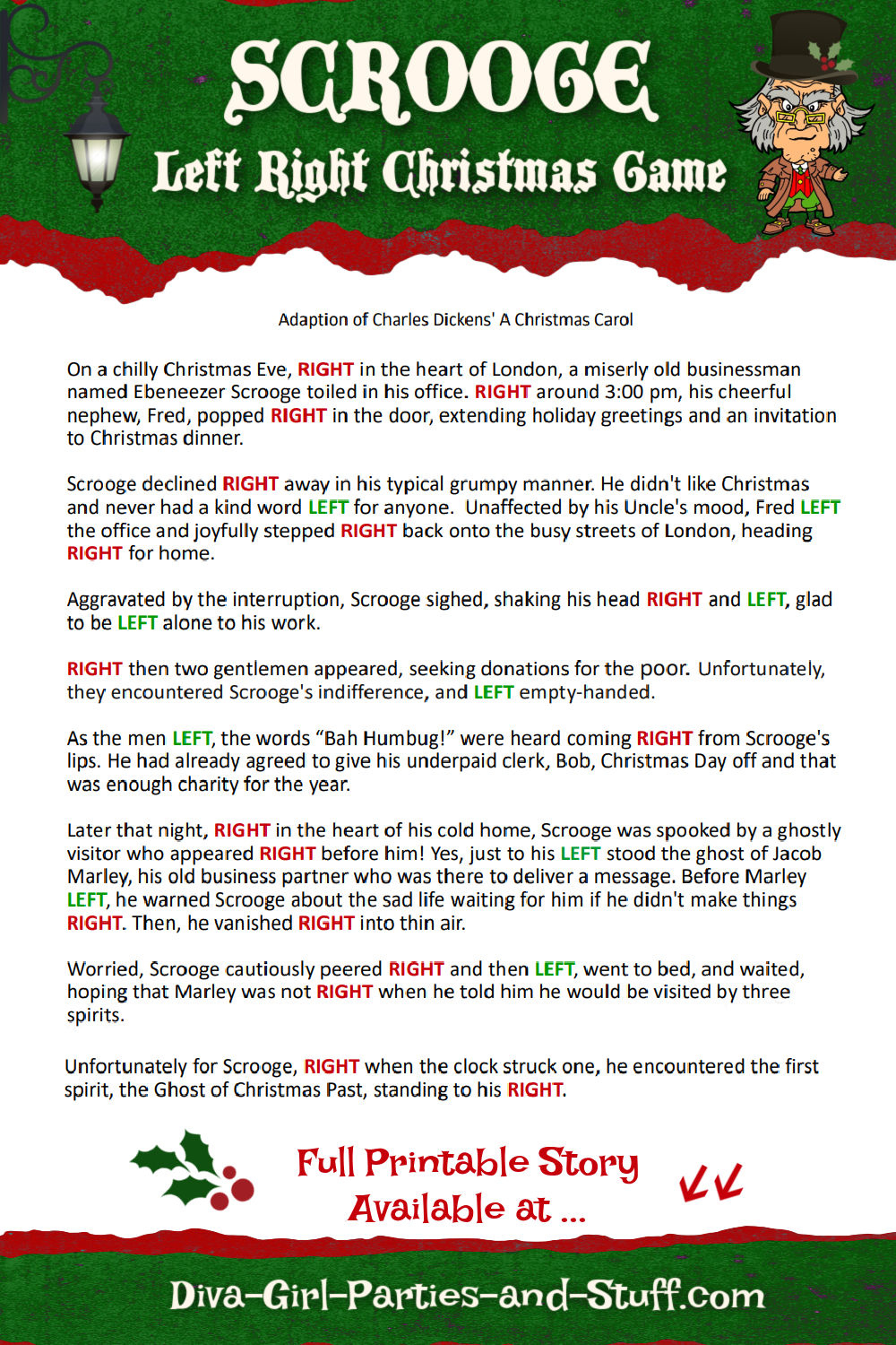 Printable Left Right Christmas Game Story Of Scrooge with regard to Left Right Christmas Game Printable For Adults