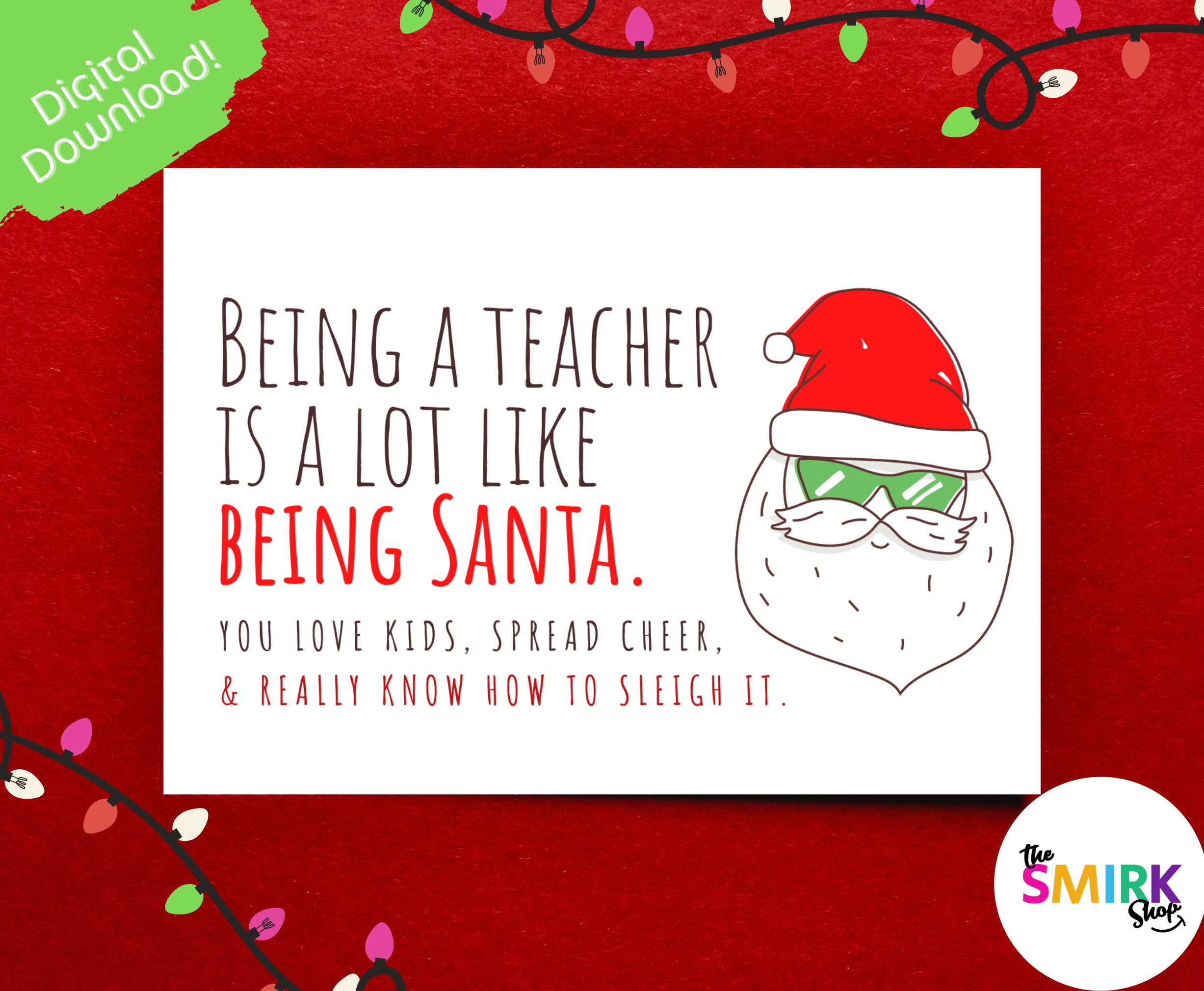 Printable Teacher Christmas Card: Santa Design (Digital Download pertaining to Printable Christmas Card For Teacher