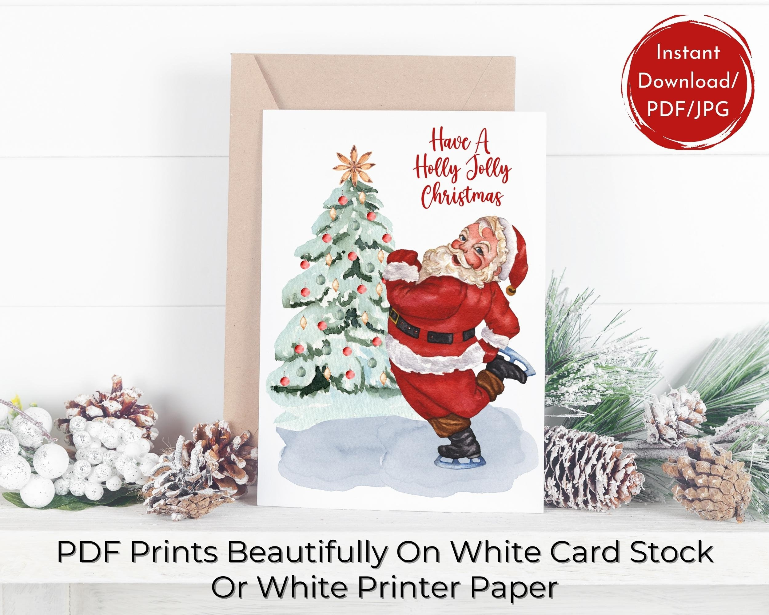 Printable Watercolor Santa Christmas Card: Holly Jolly Holiday in Printable Christmas Card Stock
