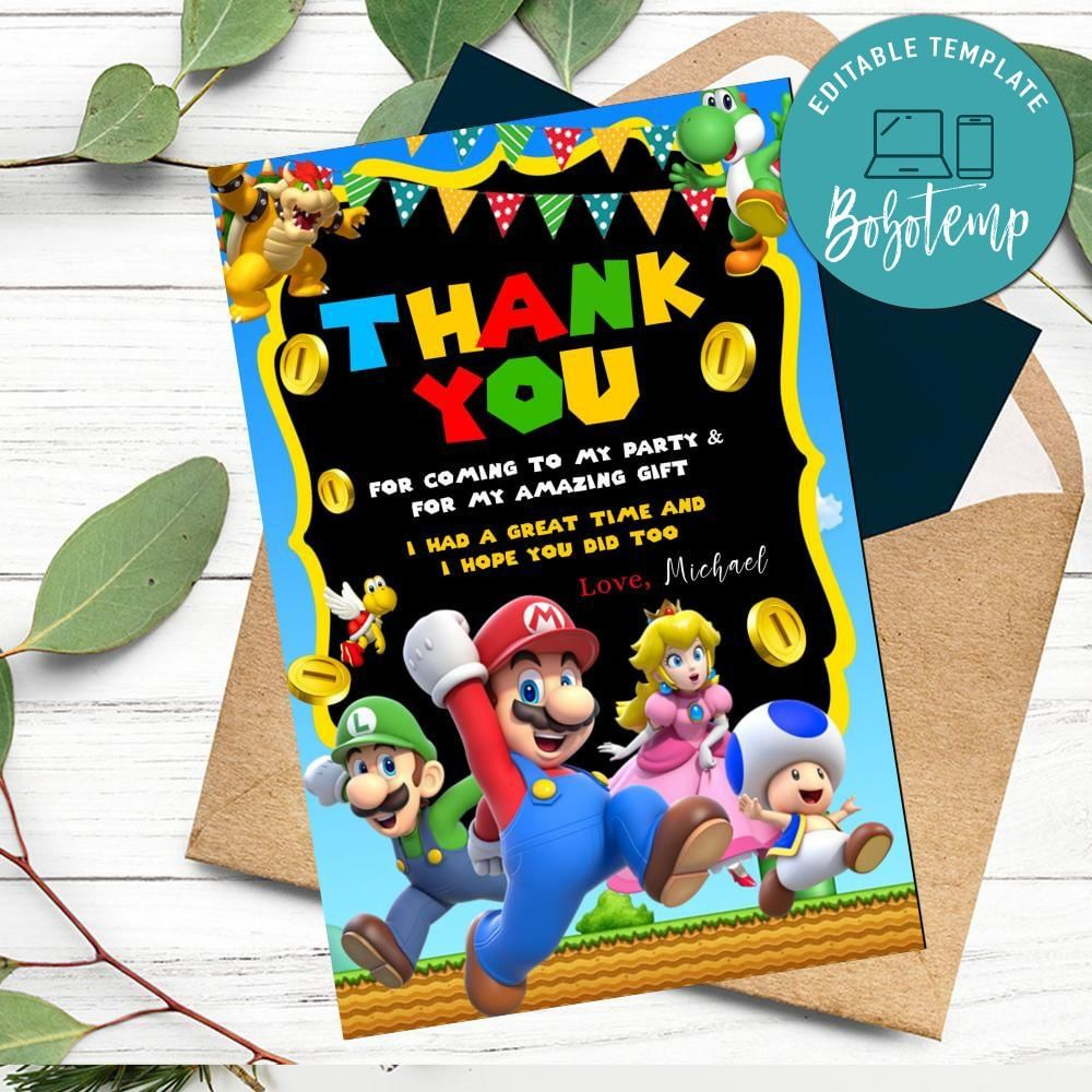 Super Mario Thank You Card Customizable Template Diy | Bobotemp throughout Mario Thank You Cards Printable