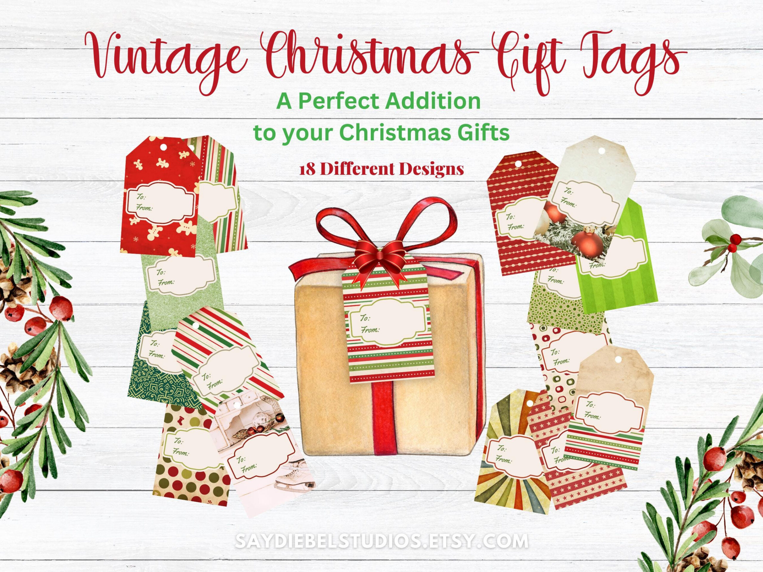 Vintage Christmas Gift Tags, Printable Holiday Diy Tags (Pdf Files within Etsy Printable Christmas Tags
