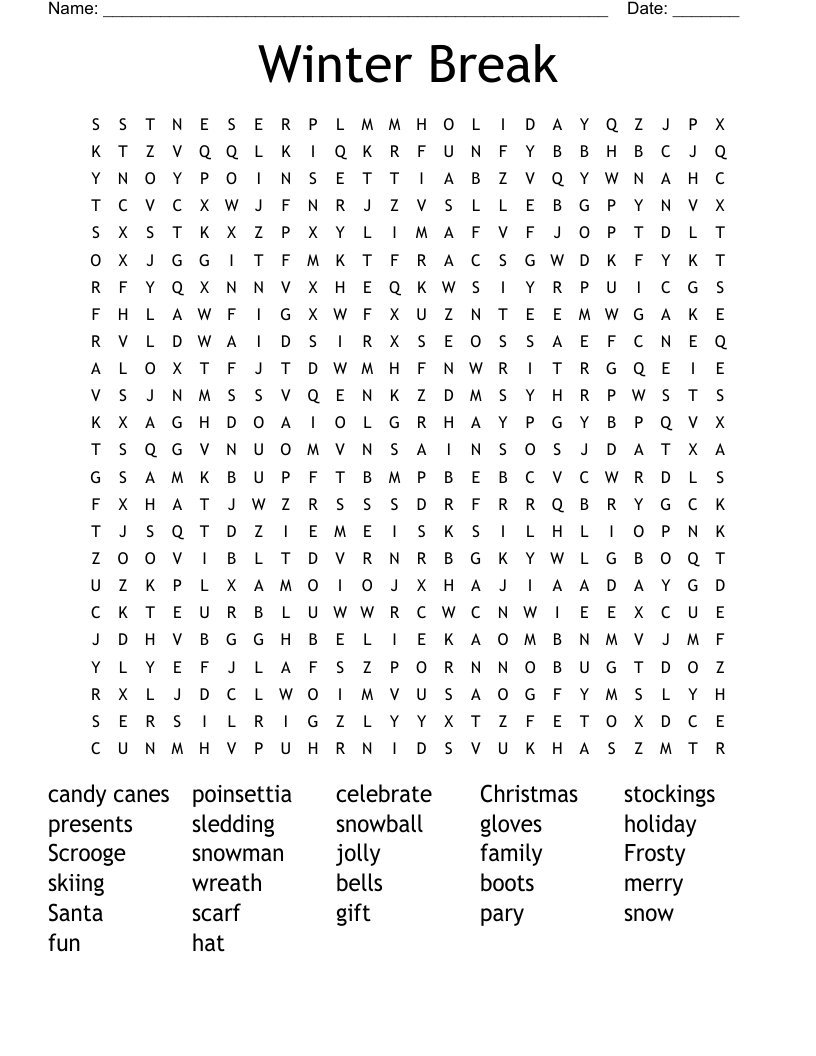 Winter Break Word Search - Wordmint throughout Winter Holiday Word Search Printable