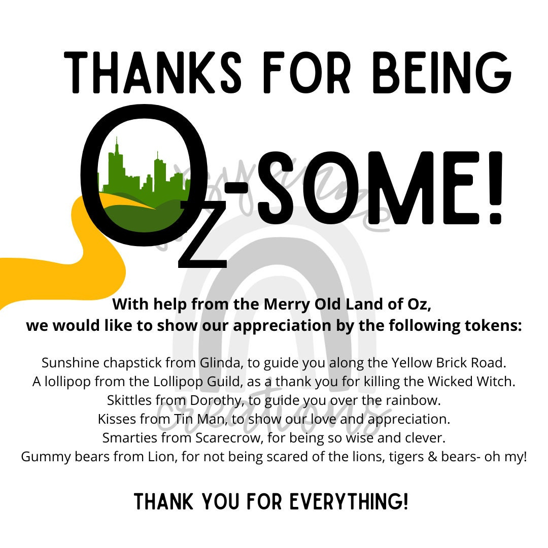 Wizard Of Oz Teacher Appreciation - Etsy with Wizard of Oz Thank You Cards Printable